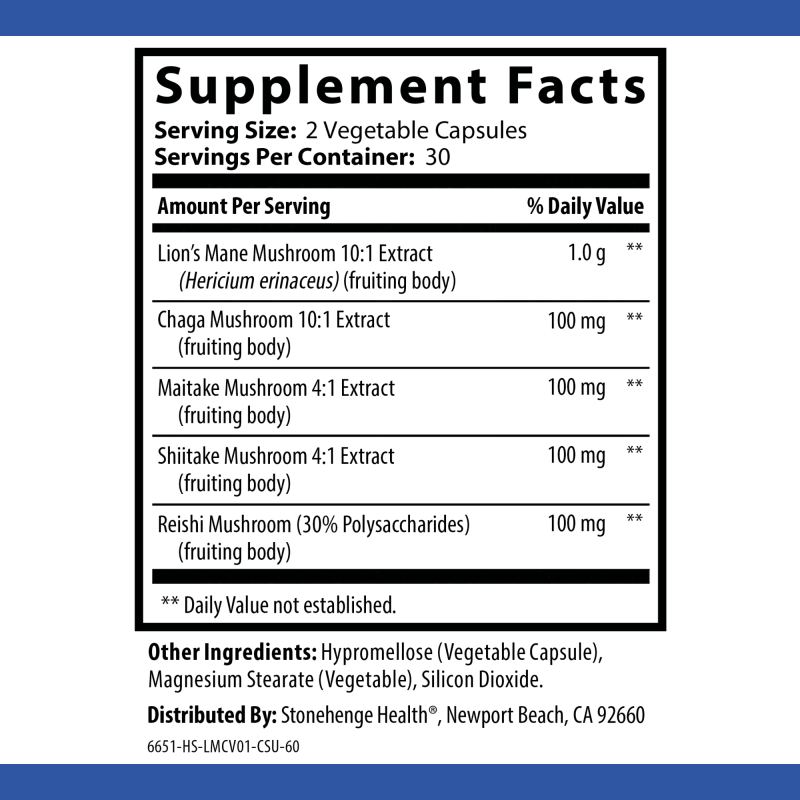 STONEHENGE HEALTH DYNAMIC MUSHROOMS - NOOTROPIC BRAIN & IMMUNE BOOSTER - LION'S MANE, CHAGA, MAITAKE, SHIITAKE, REISHI - 60 CAPSULES