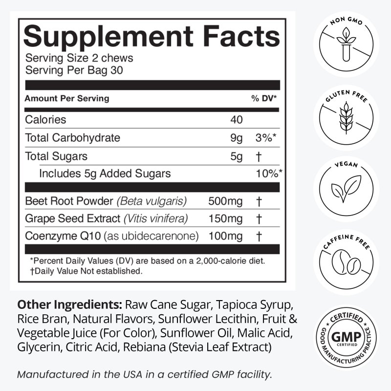 HUMAN SUPERBEETS HEART CHEWS ADVANCED - BEETROOT, GRAPE SEED EXTRACT, COQ10, 60 COUNT