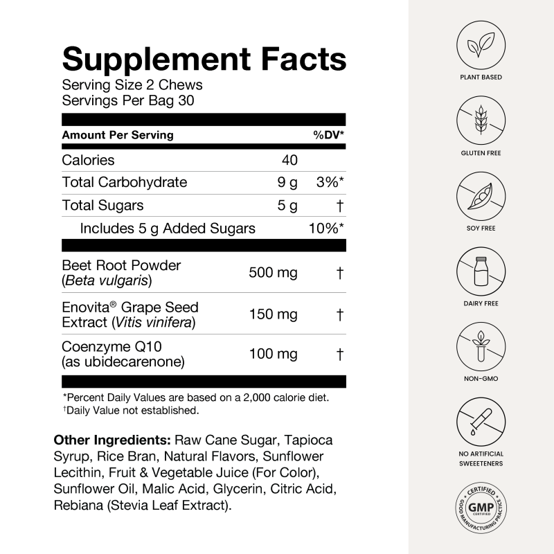 HUMAN SUPERBEETS HEART CHEWS ADVANCED - BEETROOT, GRAPE SEED EXTRACT, COQ10, 60 COUNT