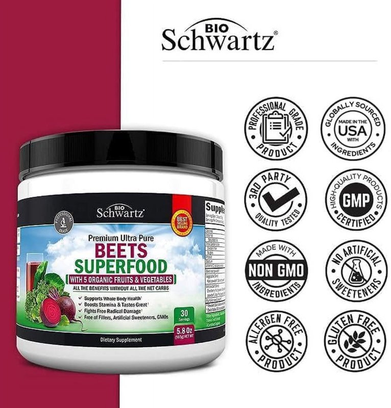 BIOSCHWARTZ BEETS SUPERFOOD POWDER | HEART HEALTH SUPPORT WITH VITAMIN C | 30 SERVINGS