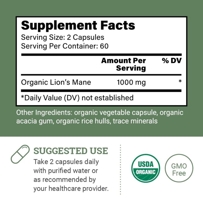 EARTH HARMONY LIONS MANE MUSHROOM SUPPLEMENT - 1000MG - BRAIN HEALTH - 120 CAPSULES