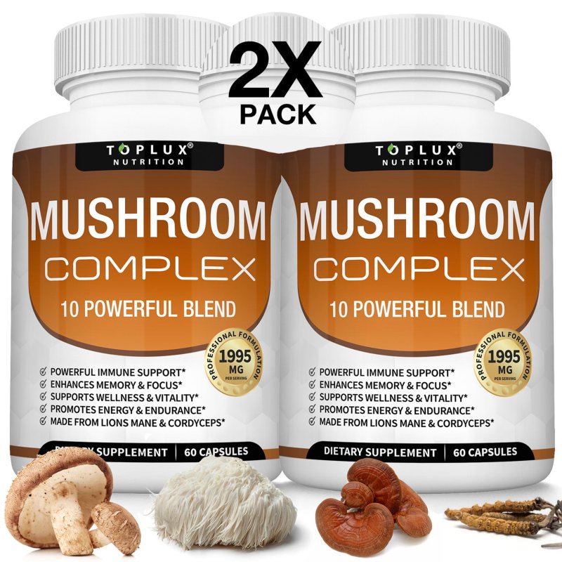 TOPLUX MUSHROOM COMPLEX WITH LION'S MANE, CORDYCEPS, REISHI NOOTROPIC - 60 CAPSULES (2 PACK)
