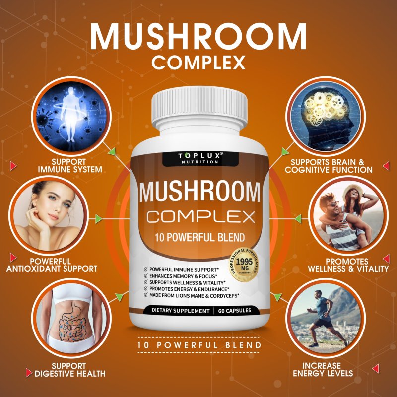 TOPLUX MUSHROOM COMPLEX WITH LION'S MANE, CORDYCEPS, REISHI NOOTROPIC - 60 CAPSULES (2 PACK)