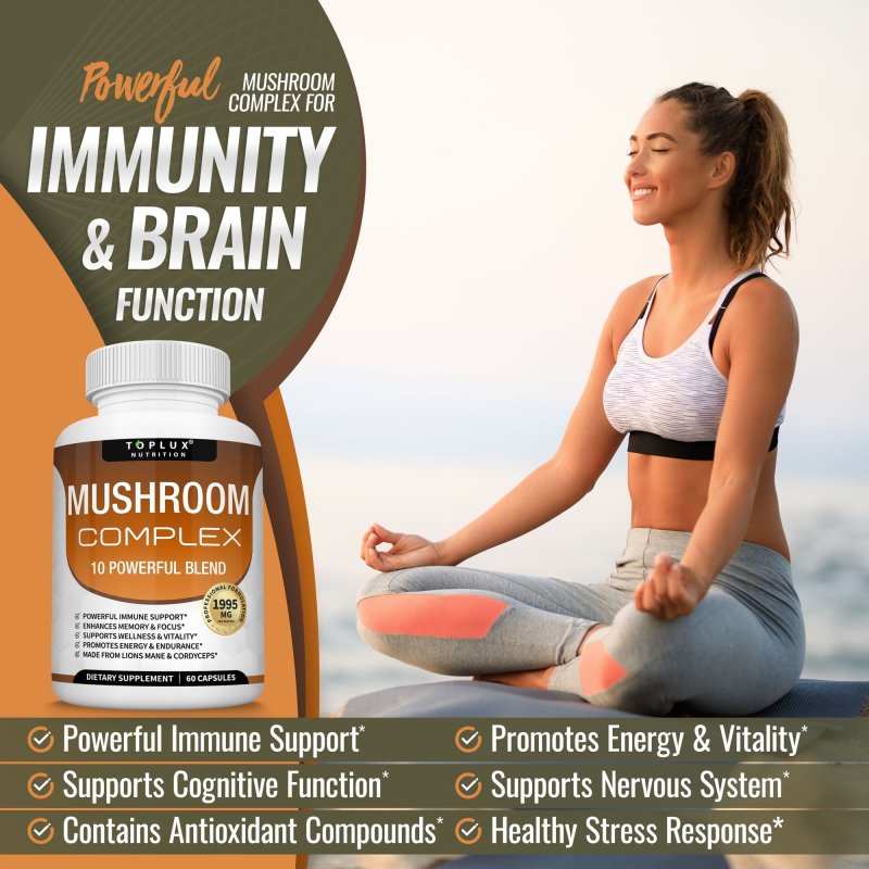 TOPLUX MUSHROOM COMPLEX WITH LION'S MANE, CORDYCEPS, REISHI NOOTROPIC - 60 CAPSULES (2 PACK)