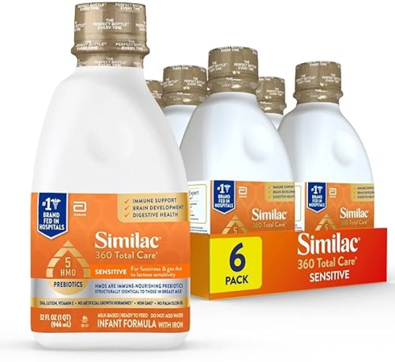 SIMILAC 360 TOTAL CARE SENSITIVE INF. FORMULA, 5 HMO PREBIOTICS, NON-GMO, READY-TO-FEED, 32 FL-OZ, 6-PACK