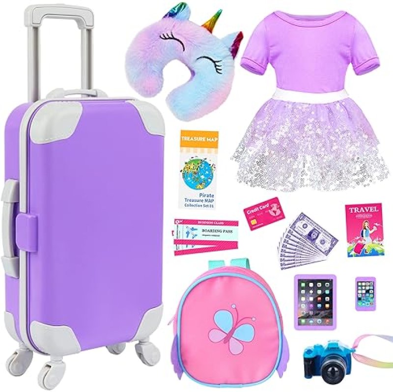 K.T FANCY AMERICAN 18 INCH DOLL TRAVEL ACCESSORIES SET WITH SUITCASE & ELECTRONICS
