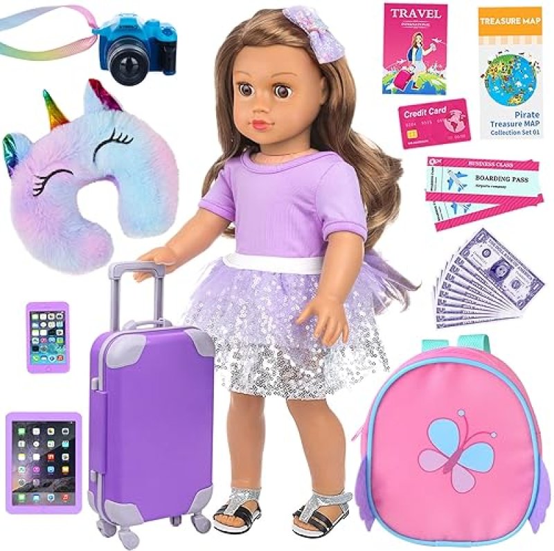 K.T FANCY AMERICAN 18 INCH DOLL TRAVEL ACCESSORIES SET WITH SUITCASE & ELECTRONICS