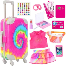 K.T FANCY 14-PIECE AMERICAN DOLL TRAVEL SET - RAINBOW TIE-DYE SUITCASE WITH ACCESSORIES FOR 18" DOLLS - GIFT FOR GIRLS