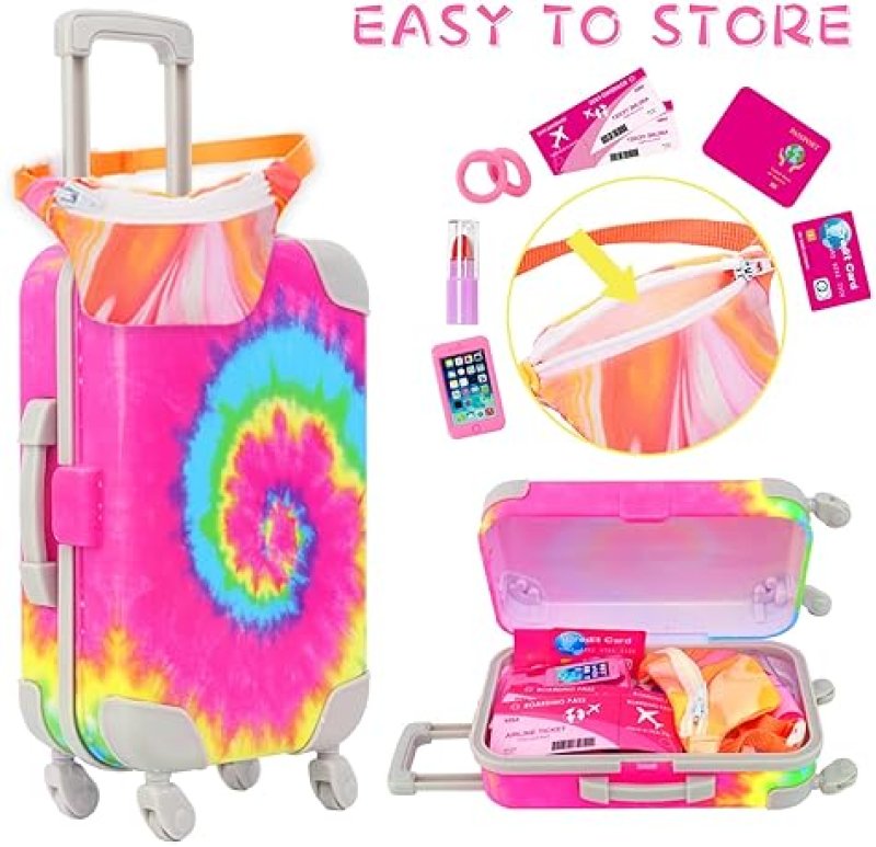 K.T FANCY 14-PIECE AMERICAN DOLL TRAVEL SET - RAINBOW TIE-DYE SUITCASE WITH ACCESSORIES FOR 18" DOLLS - GIFT FOR GIRLS