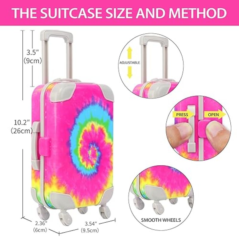 K.T FANCY 14-PIECE AMERICAN DOLL TRAVEL SET - RAINBOW TIE-DYE SUITCASE WITH ACCESSORIES FOR 18" DOLLS - GIFT FOR GIRLS