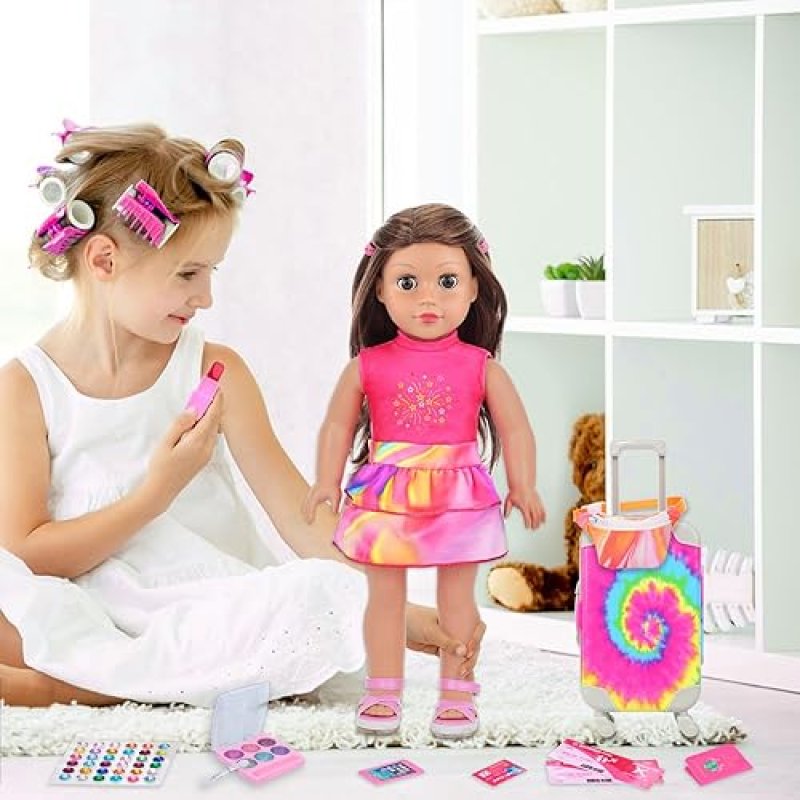 K.T FANCY 14-PIECE AMERICAN DOLL TRAVEL SET - RAINBOW TIE-DYE SUITCASE WITH ACCESSORIES FOR 18" DOLLS - GIFT FOR GIRLS