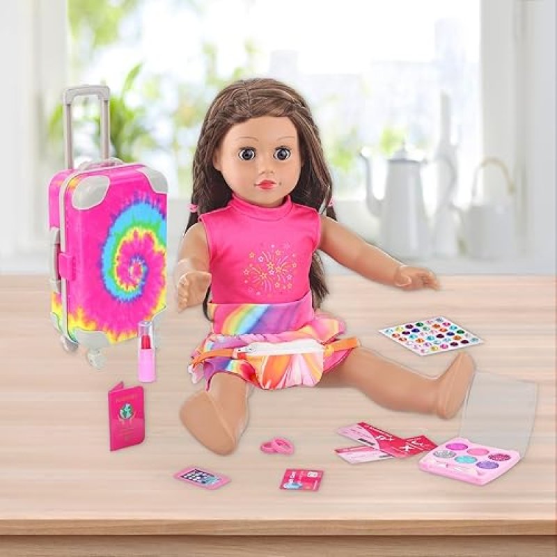 K.T FANCY 14-PIECE AMERICAN DOLL TRAVEL SET - RAINBOW TIE-DYE SUITCASE WITH ACCESSORIES FOR 18" DOLLS - GIFT FOR GIRLS