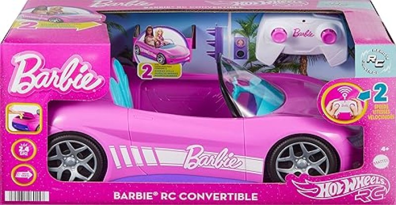 BARBIE HOT WHEELS PINK RC CONVERTIBLE TOY CAR WITH REMOTE CONTROL AND STORAGE TRUNK - FUN FOR FASHION DOLLS