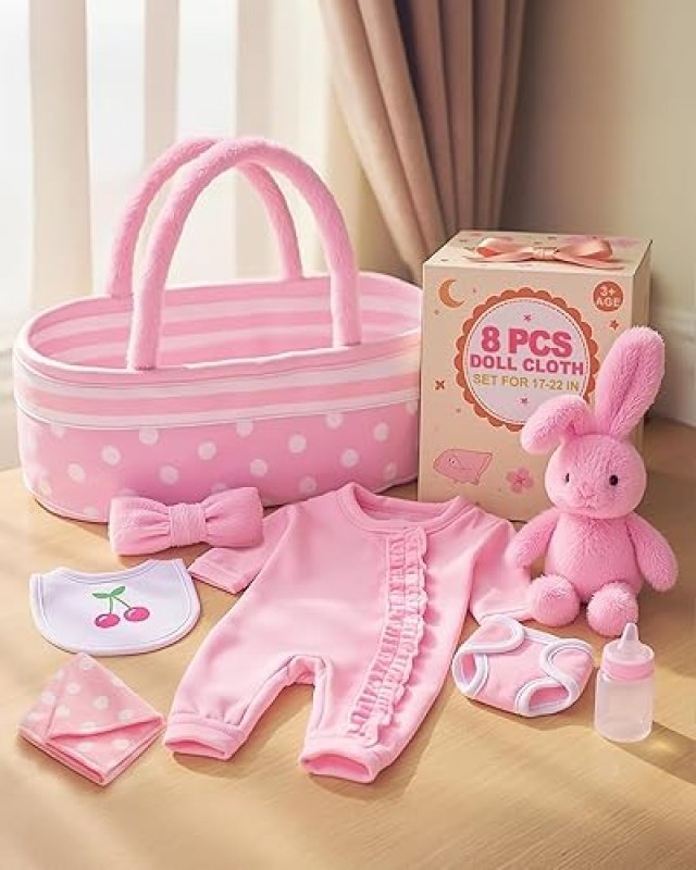 BABESIDE 8-PIECE REBORN BABY DOLL CLOTHES SET WITH BASSINET - FITS 17-22 INCH DOLLS - PRETEND PLAY ACCESSORIES