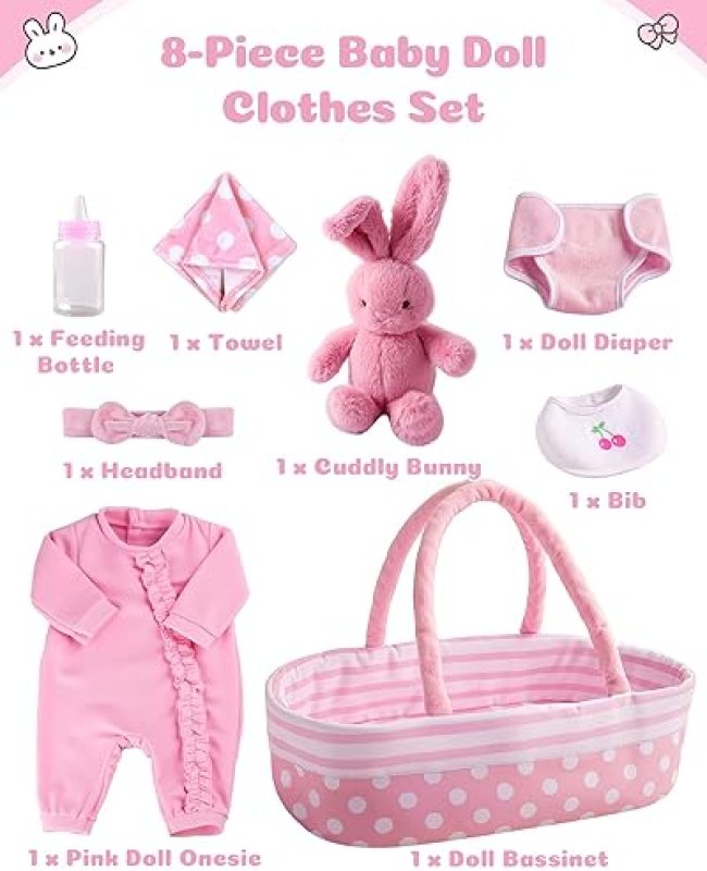 BABESIDE 8-PIECE REBORN BABY DOLL CLOTHES SET WITH BASSINET - FITS 17-22 INCH DOLLS - PRETEND PLAY ACCESSORIES