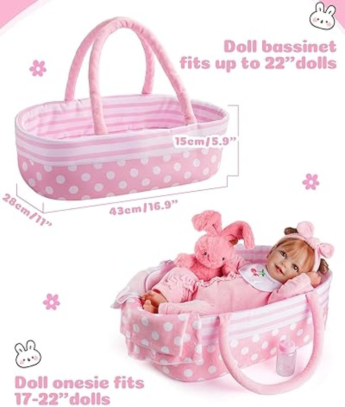 BABESIDE 8-PIECE REBORN BABY DOLL CLOTHES SET WITH BASSINET - FITS 17-22 INCH DOLLS - PRETEND PLAY ACCESSORIES