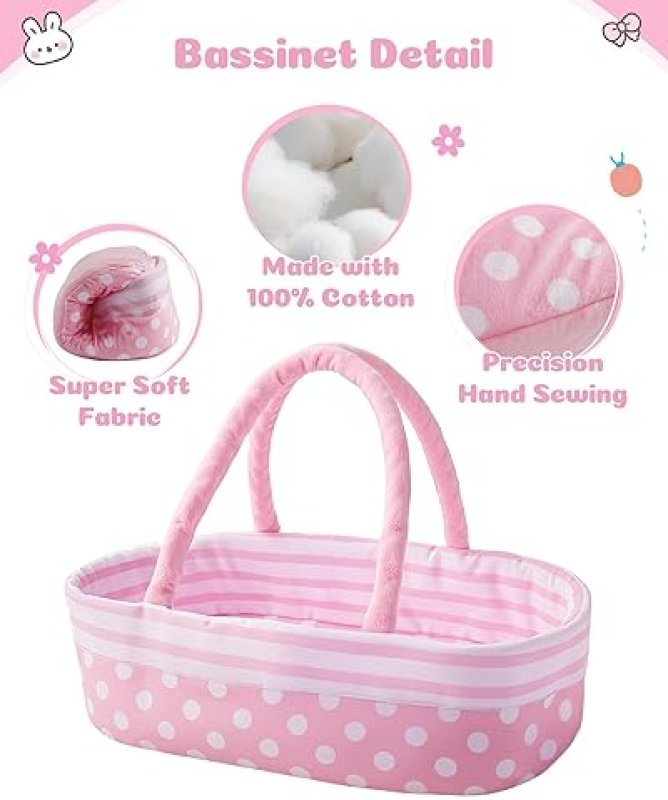 BABESIDE 8-PIECE REBORN BABY DOLL CLOTHES SET WITH BASSINET - FITS 17-22 INCH DOLLS - PRETEND PLAY ACCESSORIES