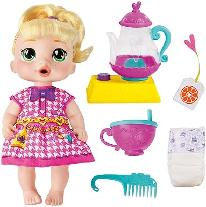 HASBRO BUBBLY TEA PARTY BABY DOLL WITH TEAPOT ACCESSORIES, BLONDE HAIR, 11 INCHES - IDEAL FOR 3+ YEAR OLDS