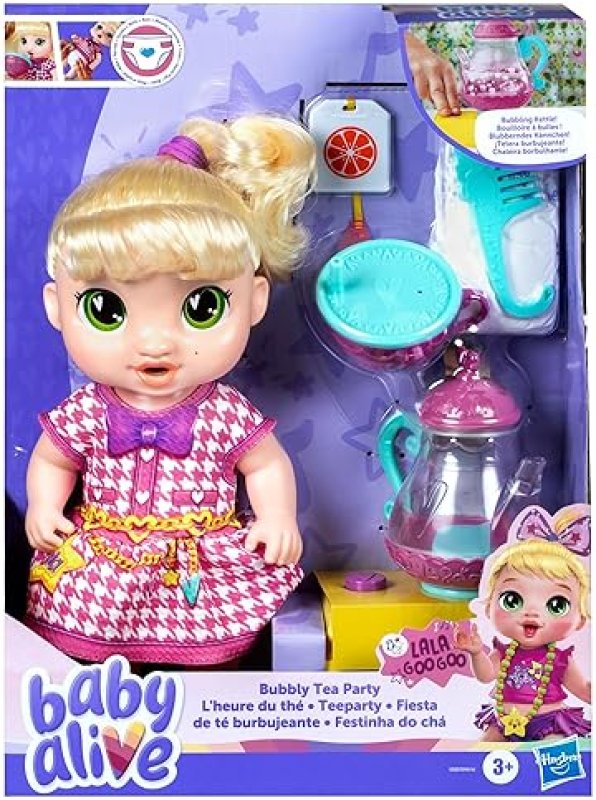 HASBRO BUBBLY TEA PARTY BABY DOLL WITH TEAPOT ACCESSORIES, BLONDE HAIR, 11 INCHES - IDEAL FOR 3+ YEAR OLDS