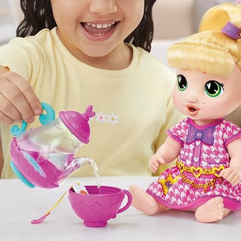 HASBRO BUBBLY TEA PARTY BABY DOLL WITH TEAPOT ACCESSORIES, BLONDE HAIR, 11 INCHES - IDEAL FOR 3+ YEAR OLDS