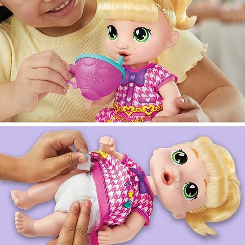 HASBRO BUBBLY TEA PARTY BABY DOLL WITH TEAPOT ACCESSORIES, BLONDE HAIR, 11 INCHES - IDEAL FOR 3+ YEAR OLDS