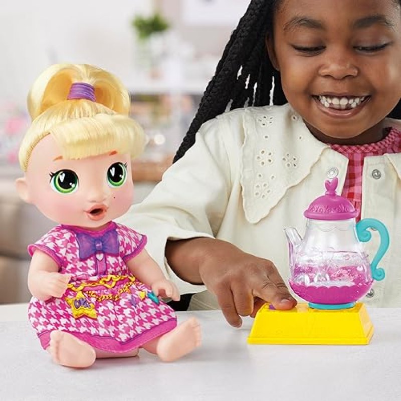 HASBRO BUBBLY TEA PARTY BABY DOLL WITH TEAPOT ACCESSORIES, BLONDE HAIR, 11 INCHES - IDEAL FOR 3+ YEAR OLDS