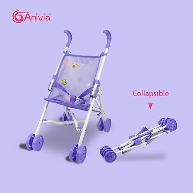 ANIVIA 5-PIECE BABY DOLL STROLLER SET WITH ACCESSORIES - NURSERY ROLE PLAY SET (11" DOLL INCLUDED)