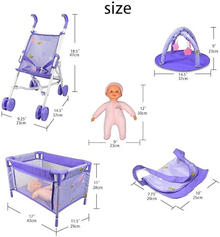 ANIVIA 5-PIECE BABY DOLL STROLLER SET WITH ACCESSORIES - NURSERY ROLE PLAY SET (11" DOLL INCLUDED)