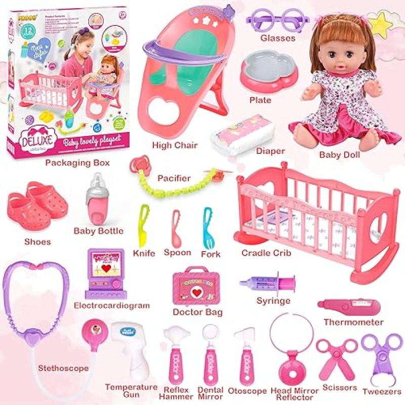BABY DOLL TOYS SET WITH 25PCS CARE ACCESSORIES - PERFECT GIFT FOR KIDS 3-6 YEARS OLD