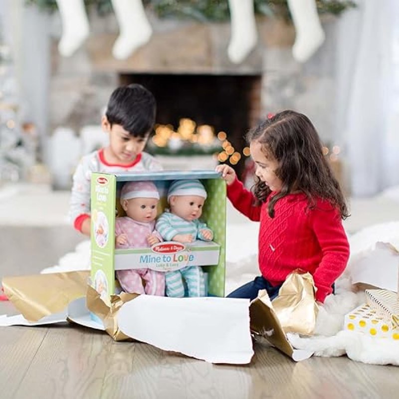 MELISSA & DOUG MINE TO LOVE TWINS LUKE & LUCY 15” LIGHT SKIN BABY DOLLS SET WITH OUTFITS AND PACIFIERS