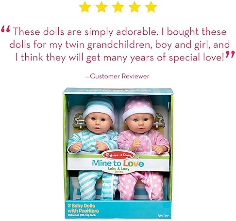 MELISSA & DOUG MINE TO LOVE TWINS LUKE & LUCY 15” LIGHT SKIN BABY DOLLS SET WITH OUTFITS AND PACIFIERS