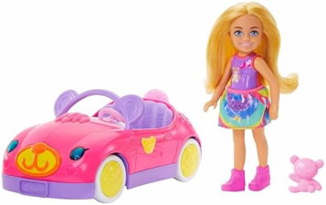 BARBIE CHELSEA TOY CAR SET WITH BEAR-THEMED CONVERTIBLE & TEDDY BEAR ACCESSORY