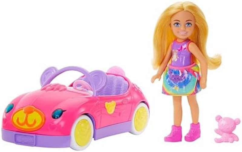 BARBIE CHELSEA TOY CAR SET WITH BEAR-THEMED CONVERTIBLE & TEDDY BEAR ACCESSORY