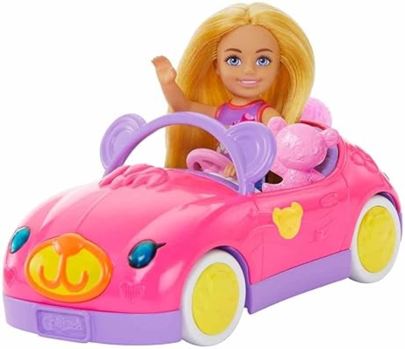 BARBIE CHELSEA TOY CAR SET WITH BEAR-THEMED CONVERTIBLE & TEDDY BEAR ACCESSORY