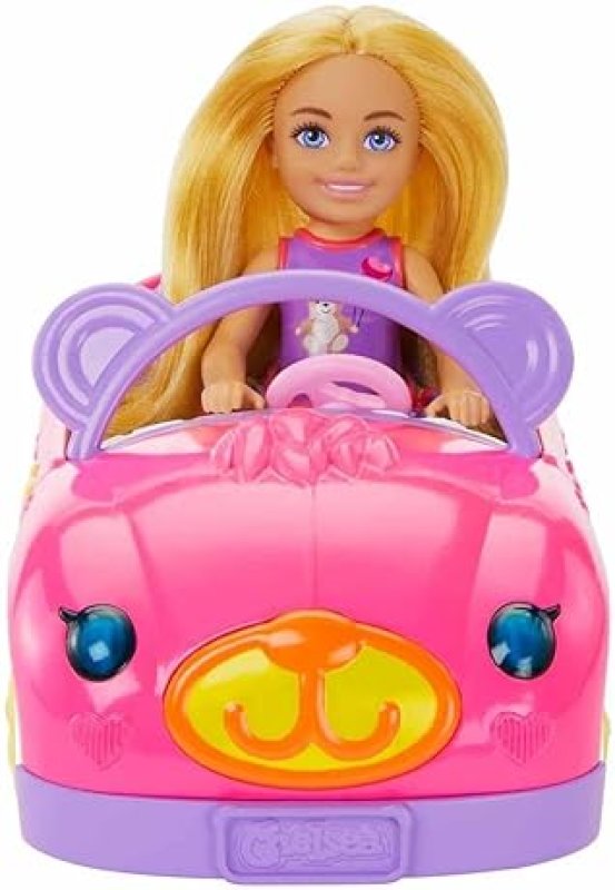BARBIE CHELSEA TOY CAR SET WITH BEAR-THEMED CONVERTIBLE & TEDDY BEAR ACCESSORY