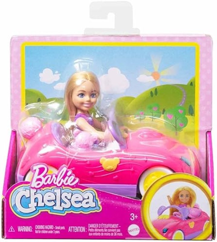 BARBIE CHELSEA TOY CAR SET WITH BEAR-THEMED CONVERTIBLE & TEDDY BEAR ACCESSORY