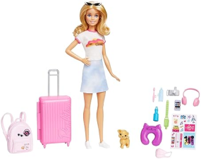 BARBIE DOLL TRAVEL SET WITH PUPPY AND ACCESSORIES - MALIBU BARBIE WITH BLONDE HAIR