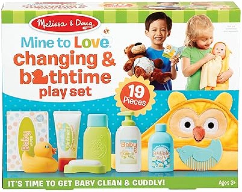 MELISSA & DOUG DOLL CHANGING AND BATHTIME PLAY SET - DIAPERS, SHAMPOO, WIPES, TOWEL, MORE (19 PCS)
