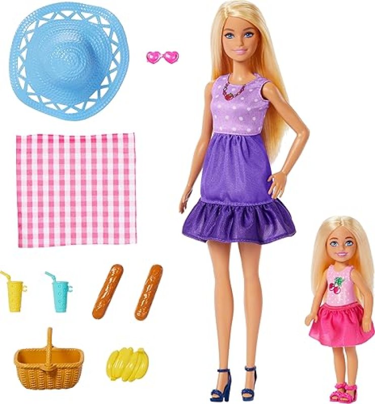 BARBIE PICNIC PLAYSET WITH DOLLS, ACCESSORIES & FOOD - 9 PIECES