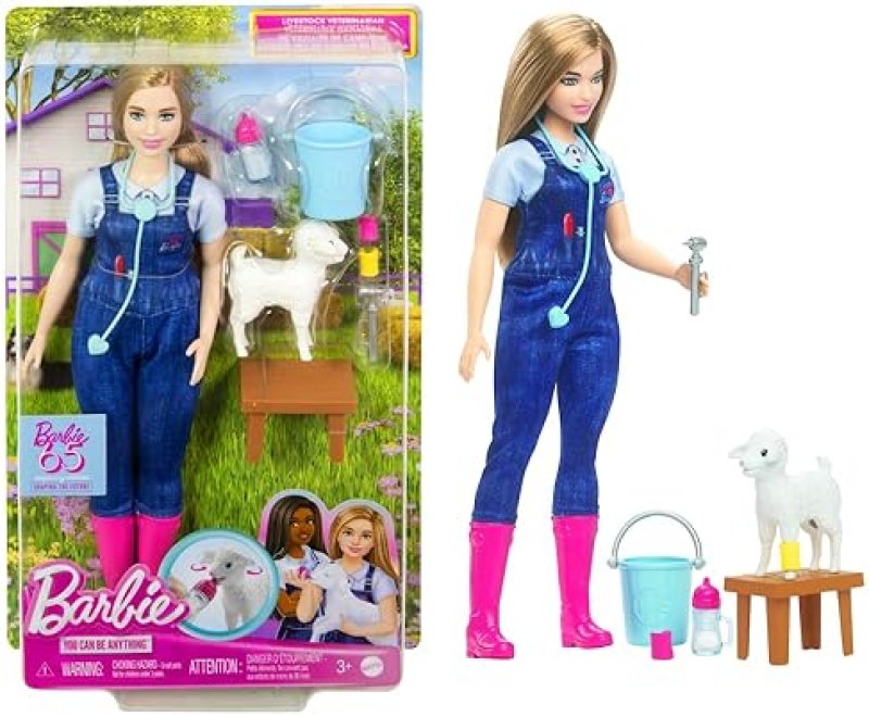 BARBIE 65TH ANNIVERSARY FARM VETERINARIAN PLAYSET WITH BLONDE DOLL & 10 ACCESSORIES