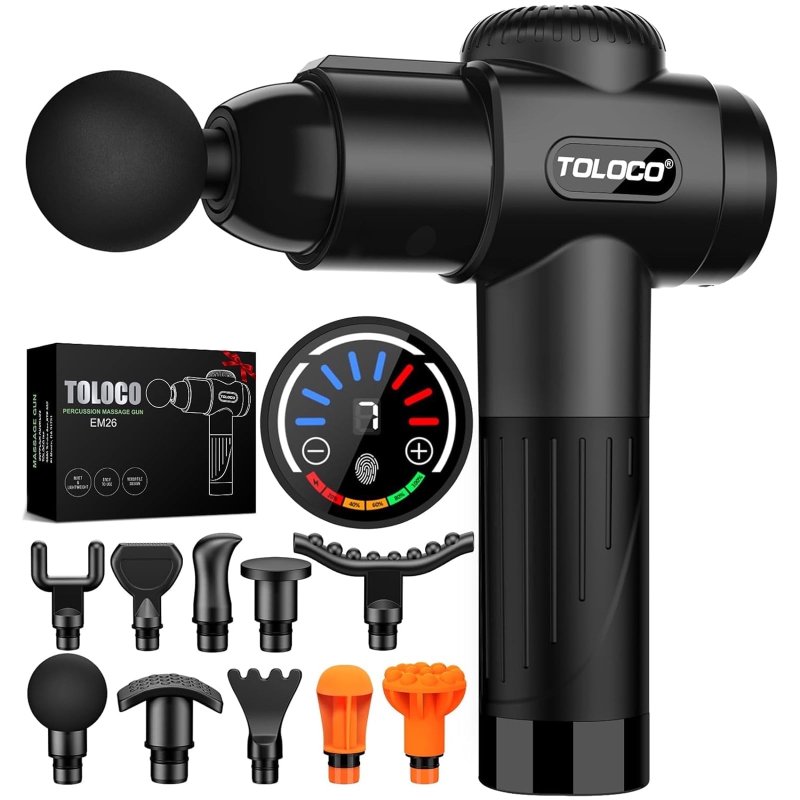 TOLOCO MASSAGE GUN FOR ATHLETES - DEEP TISSUE PAIN RELIEF WITH 10 HEADS, SILENT MOTOR - BLACK