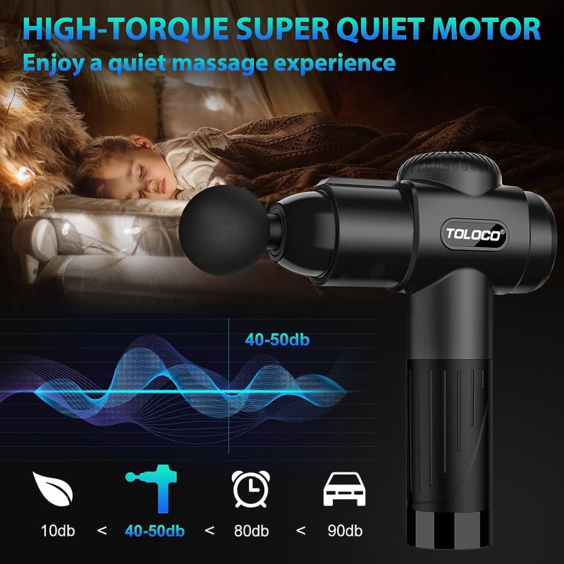 TOLOCO MASSAGE GUN FOR ATHLETES - DEEP TISSUE PAIN RELIEF WITH 10 HEADS, SILENT MOTOR - BLACK