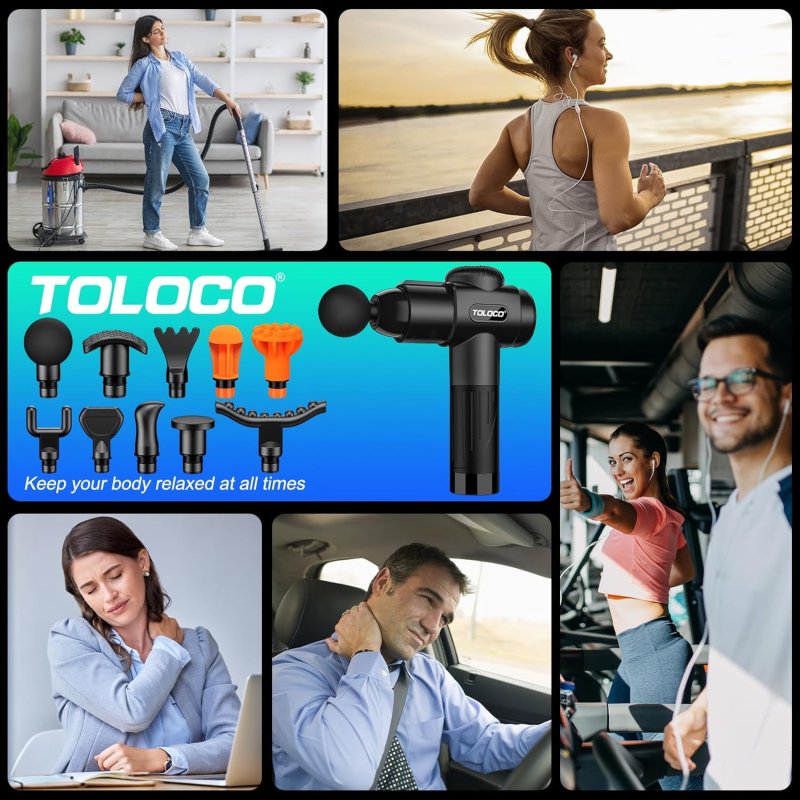 TOLOCO MASSAGE GUN FOR ATHLETES - DEEP TISSUE PAIN RELIEF WITH 10 HEADS, SILENT MOTOR - BLACK