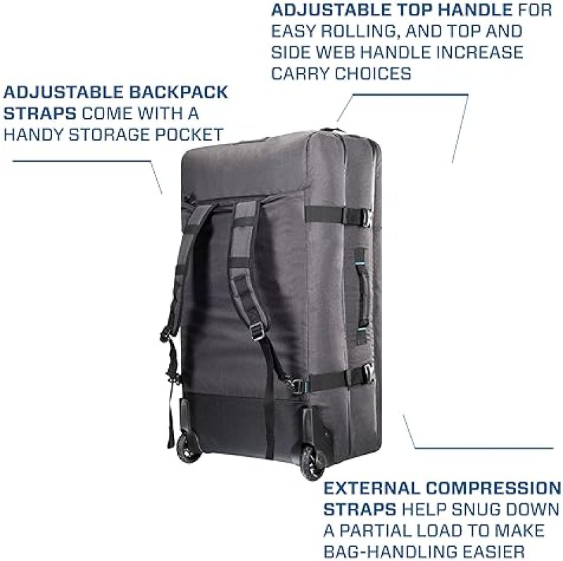 SCUBAPRO DEFINITION DUO COMPARTMENT 118 WHEELED DUFFLE DIVE BAG WITH ADJUSTABLE BACKPACK STRAPS, TOP