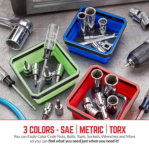 SANDOR PACK OF 3 MAGNETIC PARTS TRAYS FOR SMALL METAL PARTS - 4.25 INCH SQUARE - RED/BLUE/GREEN
