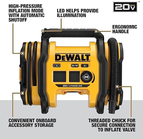 DEWALT 20V MAX TIRE INFLATOR DCC020IB - COMPACT PORTABLE LED AUTOMATIC