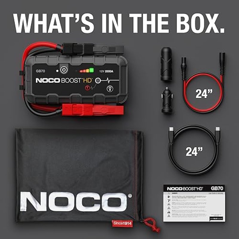 NOCO BOOST HD GB70 2000A ULTRASAFE CAR BATTERY JUMP STARTER, 12V BATTERY BOOSTER PACK, JUMP BOX, POR