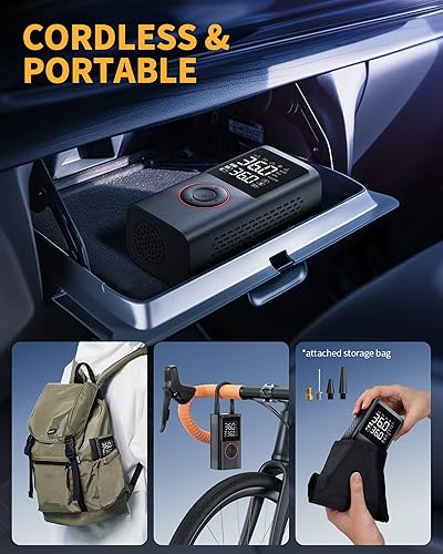 PORTABLE TIRE INFLATOR 150 PSI CORDLESS AIR COMPRESSOR WITH PRESSURE GAUGE & LED LIGHT