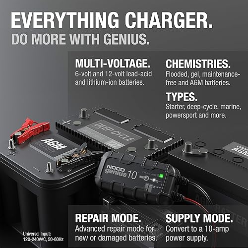 NOCO GENIUS10 SMART CAR BATTERY CHARGER FOR 6V/12V AUTOMOTIVE, MOTORCYCLE, ATV, LITHIUM, DEEP CYCLE BATTERIES