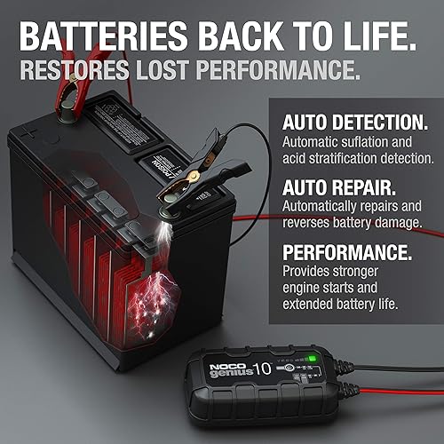 NOCO GENIUS10 SMART CAR BATTERY CHARGER FOR 6V/12V AUTOMOTIVE, MOTORCYCLE, ATV, LITHIUM, DEEP CYCLE BATTERIES